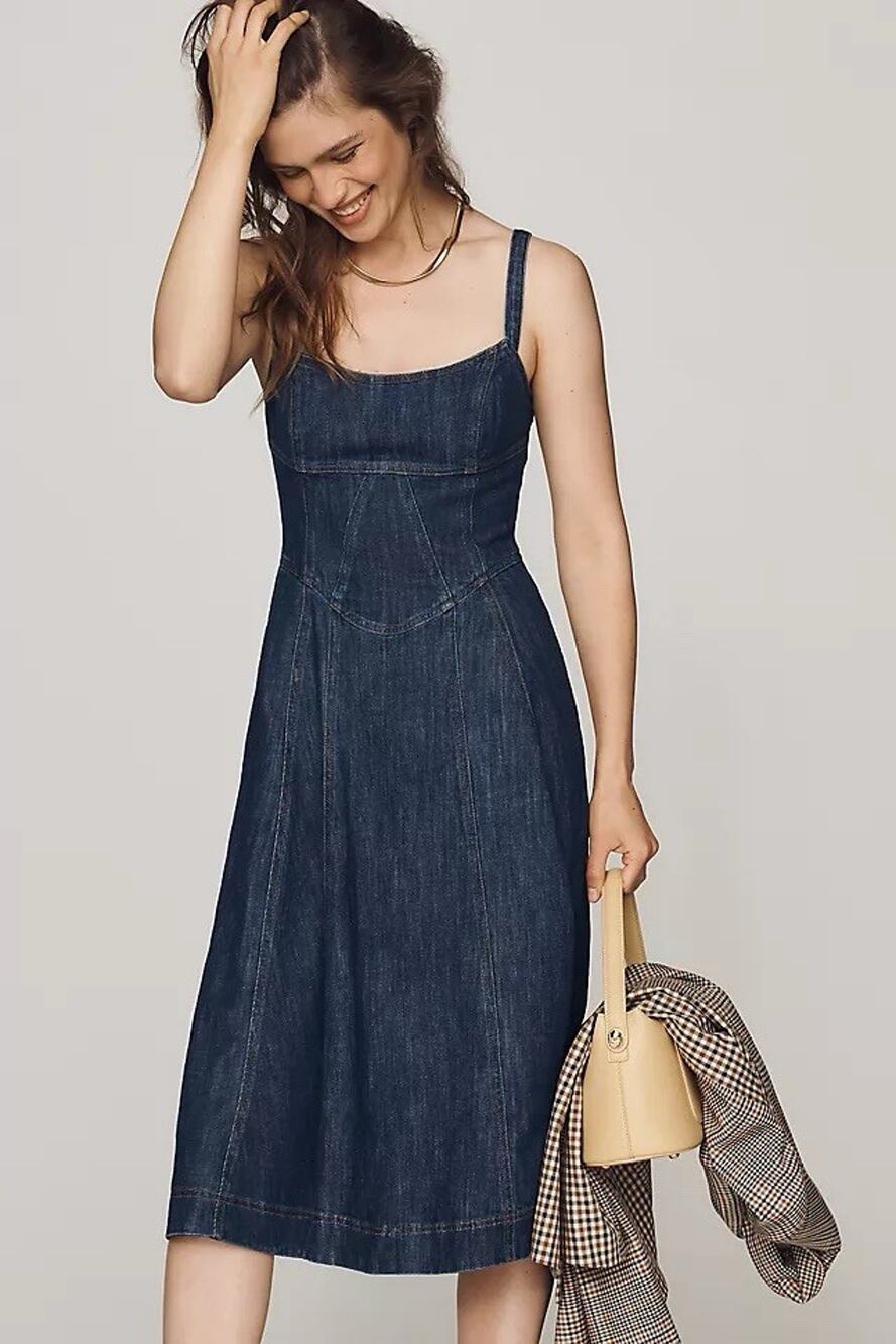 NWT Anthropologie Denim Waisted Midi Dress Blue M